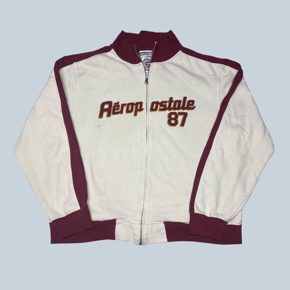 Aeropostale 87 Mens XL Full Zip Track Jacket Cream Burgundy Varsity Athletic